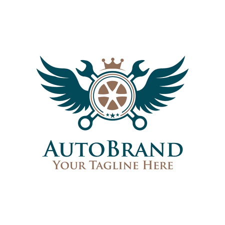 vector illustration emblem tire wheel , wrench with wings logo. auto service logoのイラスト素材