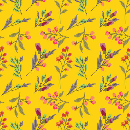 Seamless cute floral vector pattern background. Flower pattern on yellow backgroundのイラスト素材