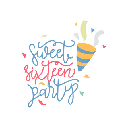 Sweet sixteen. Happy Birthday lettering sign. Design elements for postcard, poster, graphic, flayer. Simple vector brush calligraphy. Stock illustration Isolated on white background.のイラスト素材