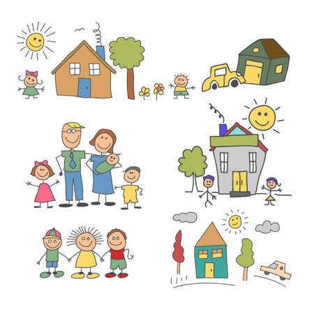 set of element happy family doodle colorful. Family life and household setのイラスト素材