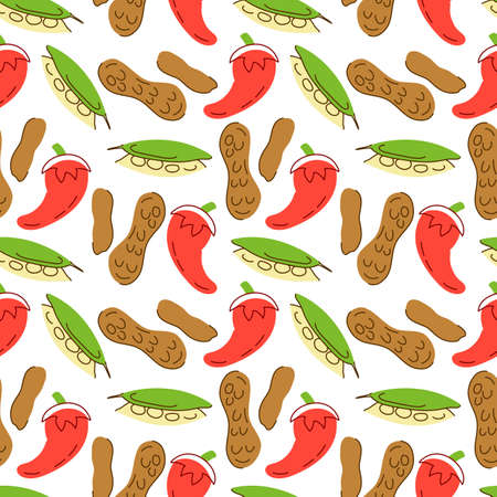 Seamless pattern vegetables with elements of chili, Bay leaves, peanuts Vector illustrationのイラスト素材