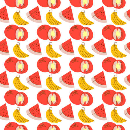 fruit pattern with coloring, watermelon, banana, tomato. Vector seamless pattern of vegetable and...