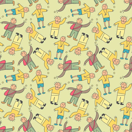 pattern seamless kids with teenager doodle element. Group of teenagers in trendy clothes reveal various emotions. Mood expression. Modern fashion look. Hand drawn vector Seamless pattern. Flat design. Cartoon style. All elements are isolatedのイラスト素材