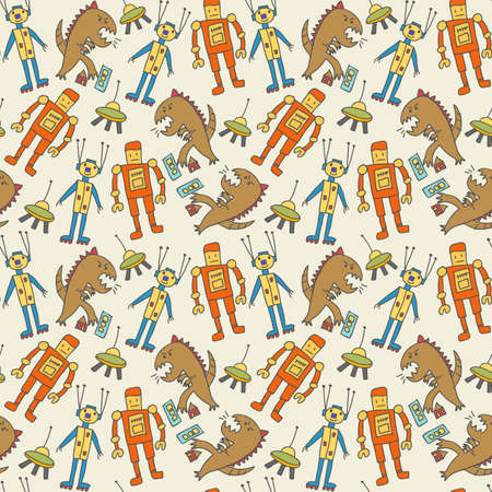 pattern seamless kids with comic doodle element. Robot pattern with cute colorful robots on white. Vector illustrationのイラスト素材