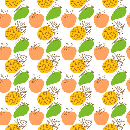 seamless wrap pattern fruit element. Elegant seamless pattern with orange, mango, pineapple fruits design elements. Fruit pattern for invitations, cards, print, seamless wrap, manufacturing, textile, fabric, wallpapers, caffe menu.のイラスト素材