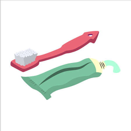Tosca green toothpaste and a pink toothbrush. to remove bacteria and germs from the teeth vector illustrationのイラスト素材