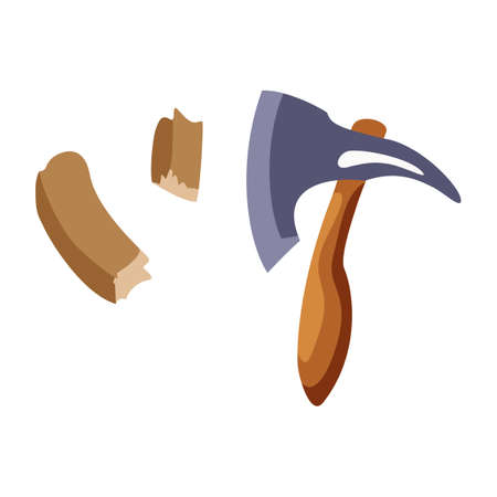 a red ax with a piece of wood to be cut and two pieces of wood vector illustrationのイラスト素材