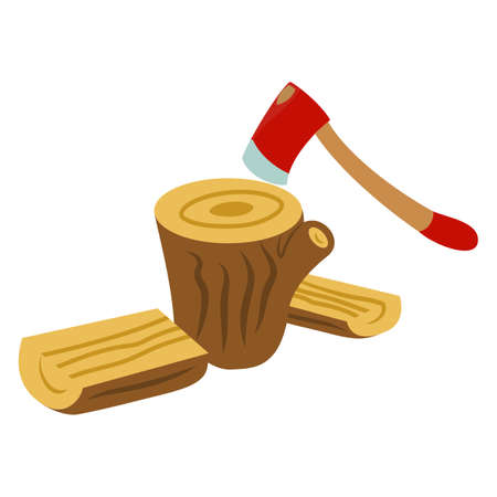 a red ax with a piece of wood to be cut and two pieces of wood vector illustrationのイラスト素材