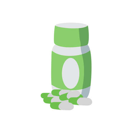 Brown glass bottle of medicine syrup and one dose in teaspoon , vector illustrationのイラスト素材