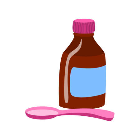 Brown glass bottle of medicine syrup and one dose in teaspoon , vector illustrationのイラスト素材