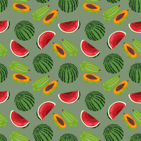 Fruit seamless pattern, collection of juicy fruits, apple, pear, plum, watermelon, papaya background. Seamless pattern texture design.のイラスト素材