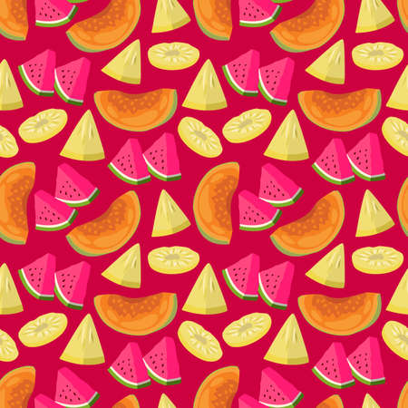 Vector tropical fruit background with watermelon, banana, papaya. Summer exotic fruit. Seamless pattern texture design.のイラスト素材
