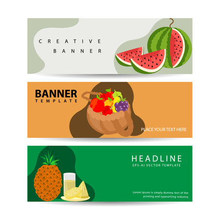 set horizontal banner Fresh fruits and tropical fruits background vectorのイラスト素材
