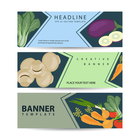 Advertising banner with fresh Vegetables, healthy food illustration. Banners set vector illustrationのイラスト素材