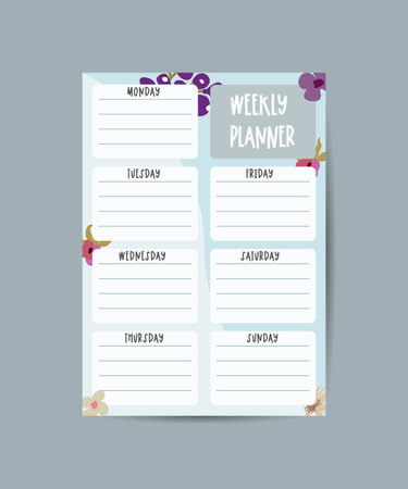 Cute vector weekly planner template. Elegant floral pastel tone organizer and notepad. Week calendar schedule.のイラスト素材
