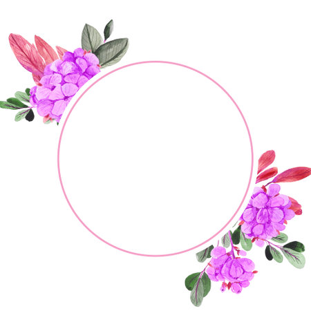 watercolor flower frame circle. purple floral wedding invitation card, with soft watercolorの写真素材