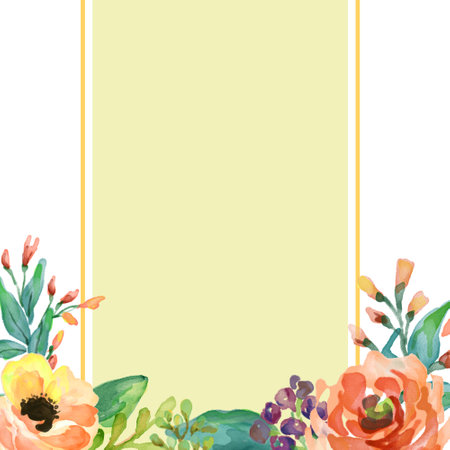 watercolor flower frame. watercolor wreath made in . Unique decoration for greeting card, wedding invitation, save the date. Isolated floral design.の写真素材