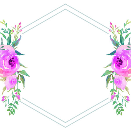 watercolor flower frame border. Floral wedding invitation elegant invitation card design on white backgroundの写真素材