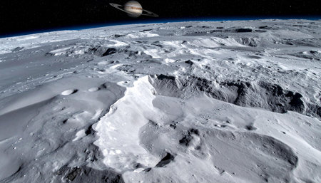 Journey to an awe-inspiring alien world, where Saturn's grandeur commands the star-filled sky above a rugged, cratered terrain, evoking wonder and the spirit of discovery.の素材