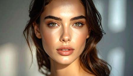 Experience pure radiance with this stunning portrait, capturing a woman's natural beauty and confidence under soft, sunlit elegance. Perfect for lifestyle, beauty, and fashion.の素材