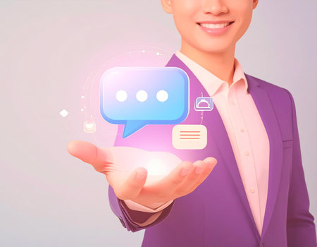 Engage your audience with this dynamic visual showcasing AI-powered communication and seamless digital messaging, perfect for tech startups and modern business.の素材