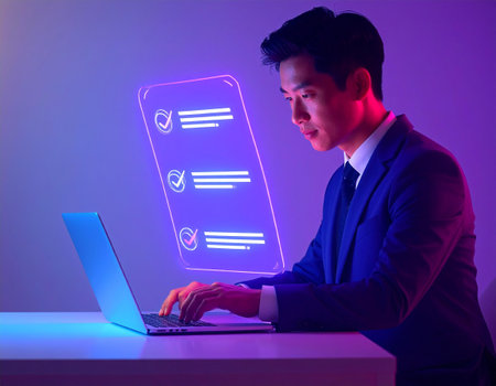 Experience the future of work as this sharp professional navigates complex digital tasks with effortless precision, embodying efficiency and forward-thinking ambition. Perfect for tech and business themes.の素材