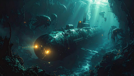 Experience the chilling allure of the deep sea as a futuristic submarine explores an alien ocean floor, surrounded by mysterious bioluminescent life and surreal geological formations.の素材
