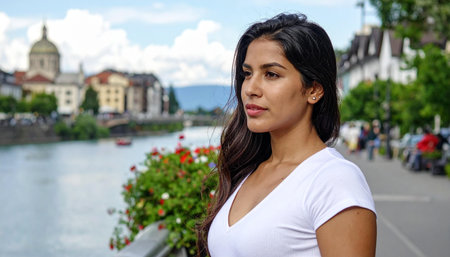 Capture serene moments with this stunning portrait of a young woman by a European river. Perfect for travel, lifestyle, and contemplative themes, evoking peace and urban charm.の素材