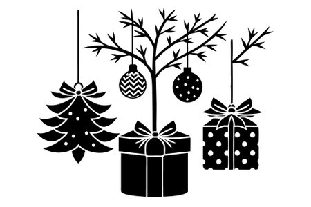festive vector illustration of a Christmas tree with decorations and gifts, perfect for holiday designs.のイラスト素材