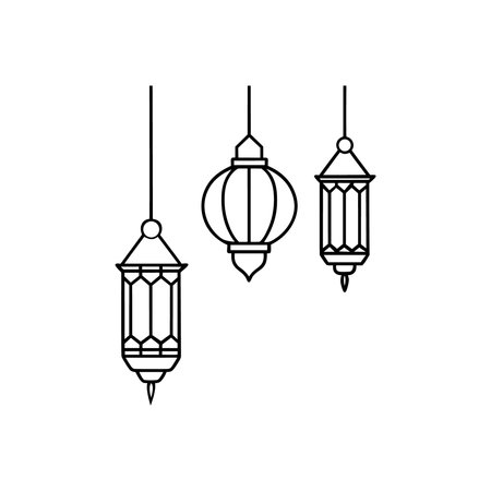 Hanging Ramadan Lanterns and Islamic Ornaments Silhouette Vector Designのイラスト素材