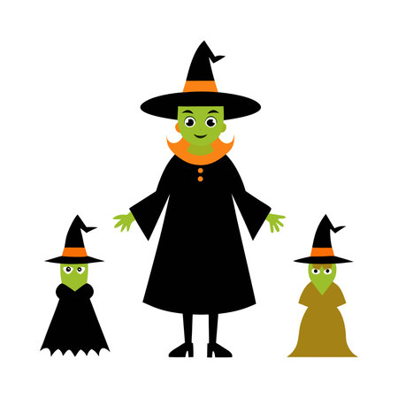 Halloween witch and her children. Vector illustration on white background.のイラスト素材