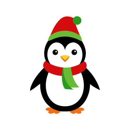 Cute penguin with a red hat and scarf. Vector illustration.のイラスト素材