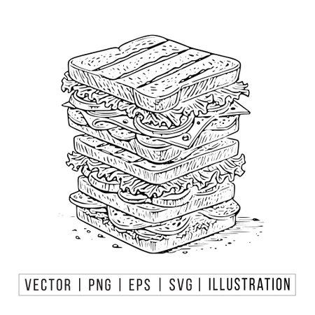 Vector illustration of a sandwich with lettuce, tomato, cucumber, cheese, onion and ham.のイラスト素材