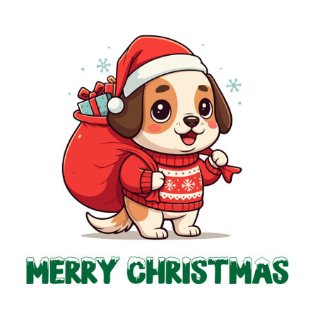 Merry Christmas and Happy New Year. Cute cartoon dog with Santa Claus bag and gifts. Vector illustration.のイラスト素材