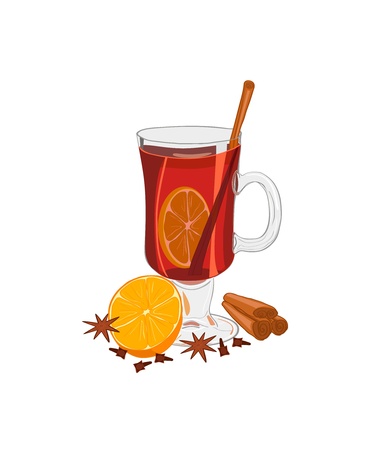 Hot mulled wine with oranges, anise, allspice and cinnamon  Isolated on whiteのイラスト素材