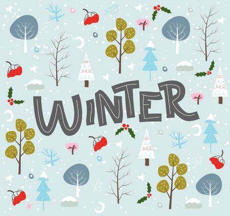 Lettering hand drawn winter set of doodles backgroundのイラスト素材