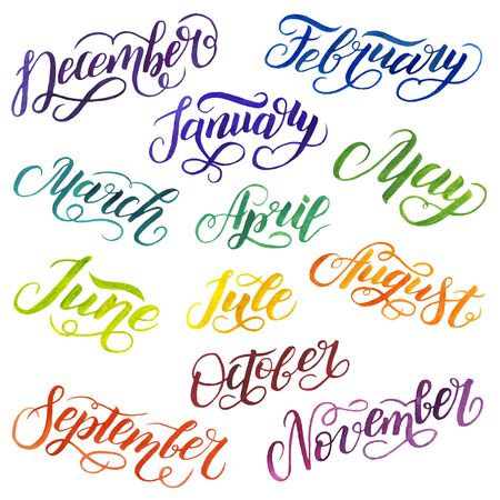Watercolor calligraphy of the names of the months. On white backgroundの写真素材
