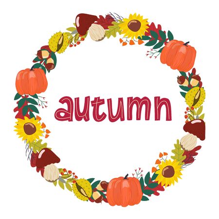 wreath of hand drawn autumn drawings with letters in vector. Lettering, isolated elements, pumpkin, mushrooms, sunflower, leaves on a white background.のイラスト素材