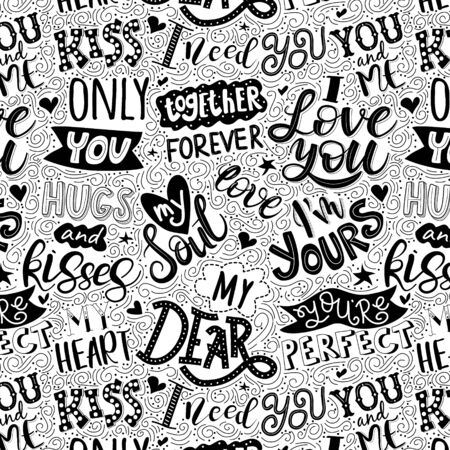 Seamless pattern. Lettering love quotes. White background with phrases and words about love.のイラスト素材