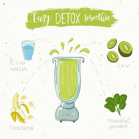 Illustration of detox smoothie recipe. Hand drawn kiwi banana and spinach. fluid in a blender. The name easy smoothie is modern calligraphy. Vector. White backgroundのイラスト素材