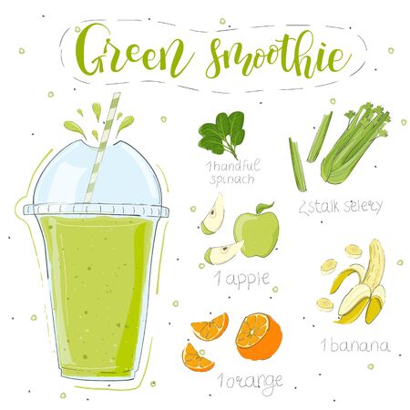 Green smoothie recipe. Hand draw spinach, celery, apple, banana, orange. Fluid in a glass. Smoothie lettering of modern calligraphy. Vector. White background. Doodle styleのイラスト素材