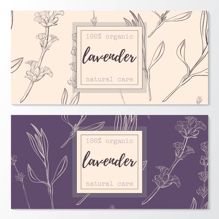 Vector set of lavender natural cosmetic horizontal banners on a seamless pattern.のイラスト素材