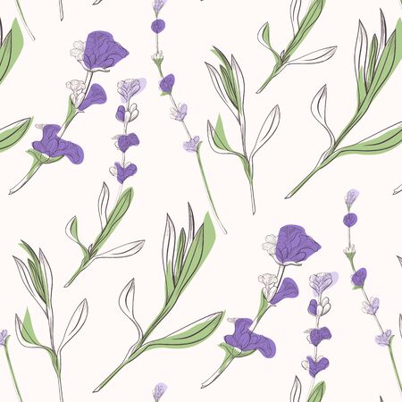 lavender flowers background hand drawn illustration. Vector doodle style.のイラスト素材