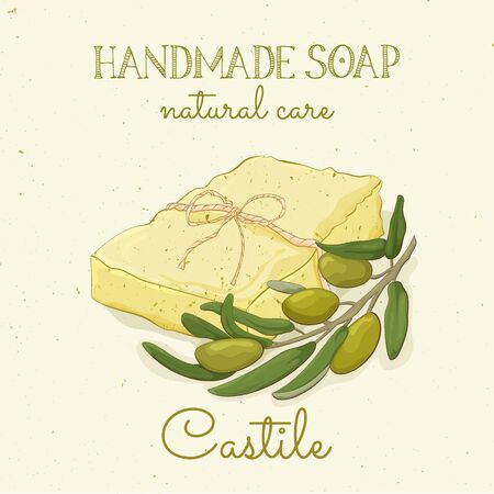 Handmade castile soap. Olive soap. Vector hand drawn illustration. Isolated, with flowers lavander and lettering.のイラスト素材