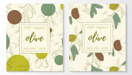 Vector set of olive natural cosmetic horizontal banners on a pattern. Vector hand drawn illustrationのイラスト素材