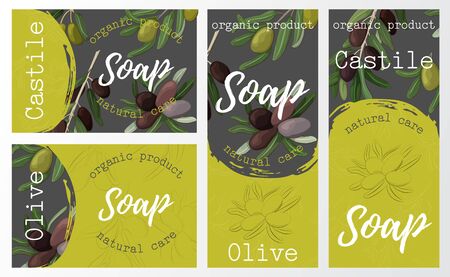 Set packaging of natural soap with olive. Organic cosmetic natural soap. Vector hand drawn illustration.のイラスト素材