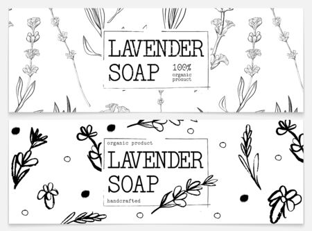 Set packaging of natural soap with lavender. Organic cosmetic natural soap. Vector hand drawn illustration. Black and white design. Design for natural and organic cosmetics, health care products.のイラスト素材