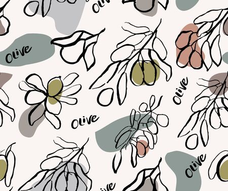 Seamless patten with olives and olive branches. Hand drawn illustration. Doodle style.のイラスト素材