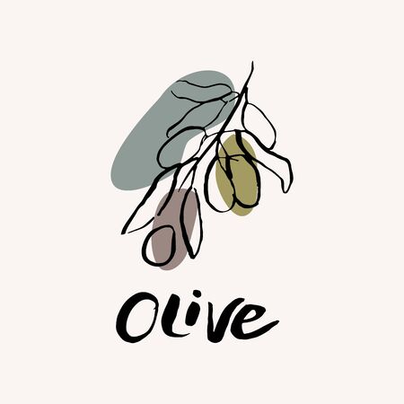 Olive black and white vector hand draw sketch with colored spots. Hand lettering text. Olive icon design template.のイラスト素材