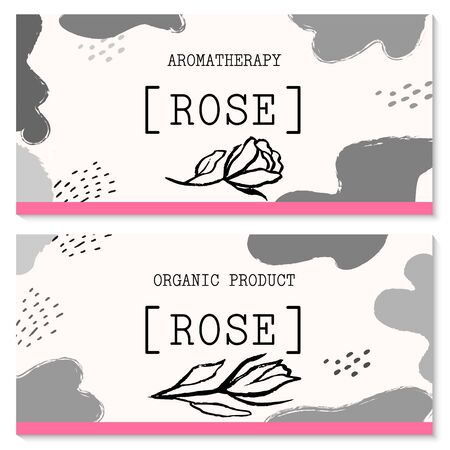 Vector packaging design and template for labels and bottles of rose and rose oil products. Vector hand drawn illustration. Abstract Background Doodle Style Stickers for Natural, Organic Cosmetics, Foodのイラスト素材